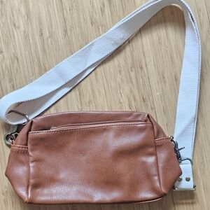 Tan Leather Crossbody Bag with White Canvas Strap